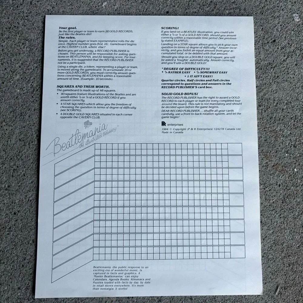 Beatlemania The Illustrated Treasury 11 Blank Score Sheets Only